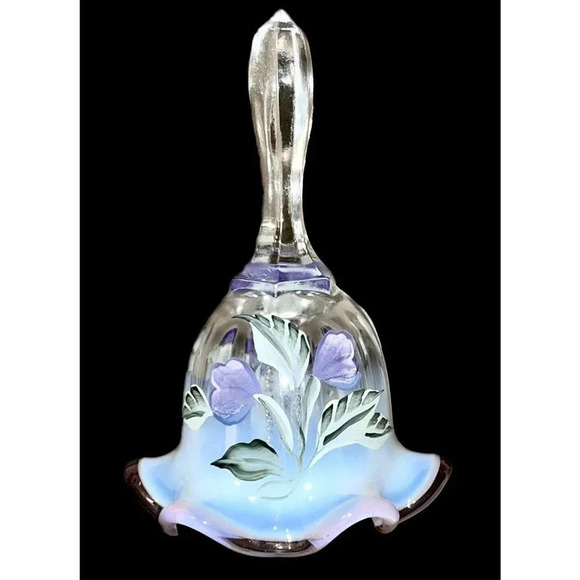 Fenton Art Glass Bell Crimped Bottom Clear Purple Flower Signed Frederick